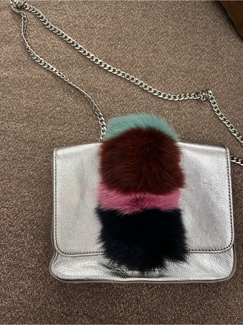 Loeffler Randall Metallic Silver Crossbody Bag with Multicolor Fur Accent